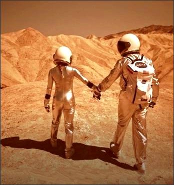 Man and child walking on Mars