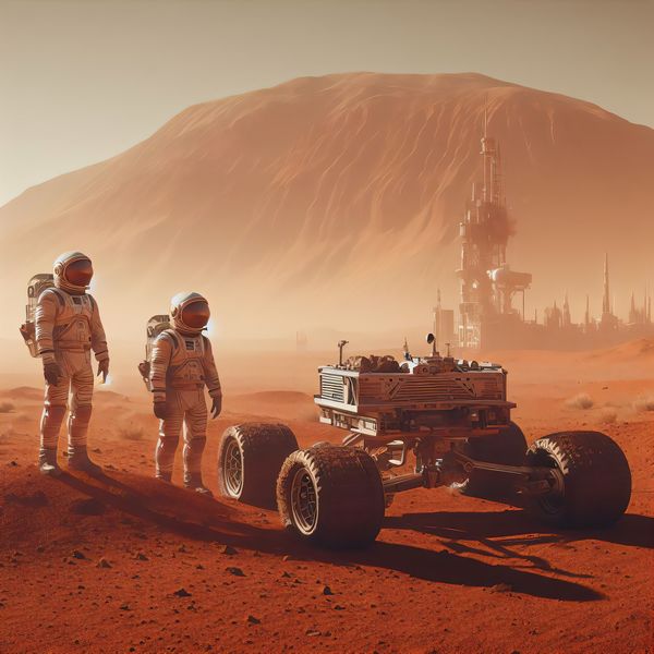 Couple in spacesuits exploring Mars