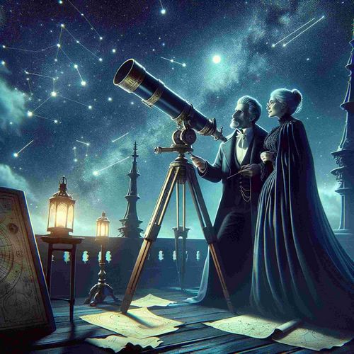 Past-century couple watching stars with a telescope