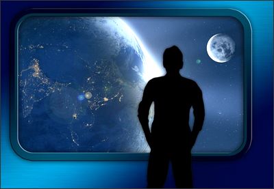 Man looking out large spaceship window at Earth and moon